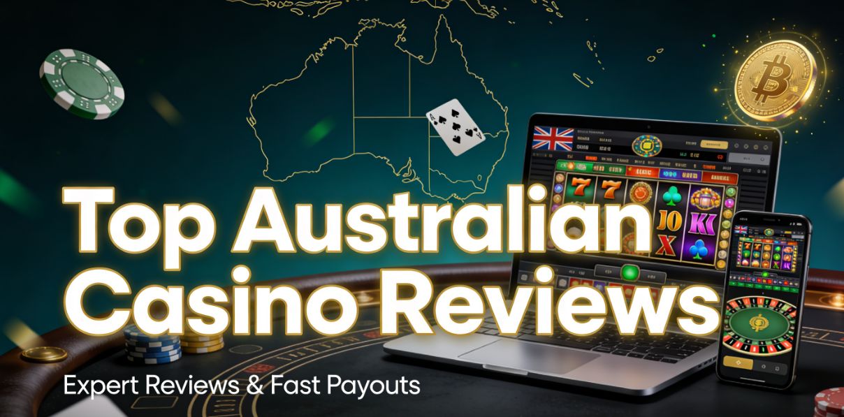Hero banner showing laptop and smartphone with online poker lobby, colourful pokies reels, Australian colours, poker chips and crypto coins on dark casino table