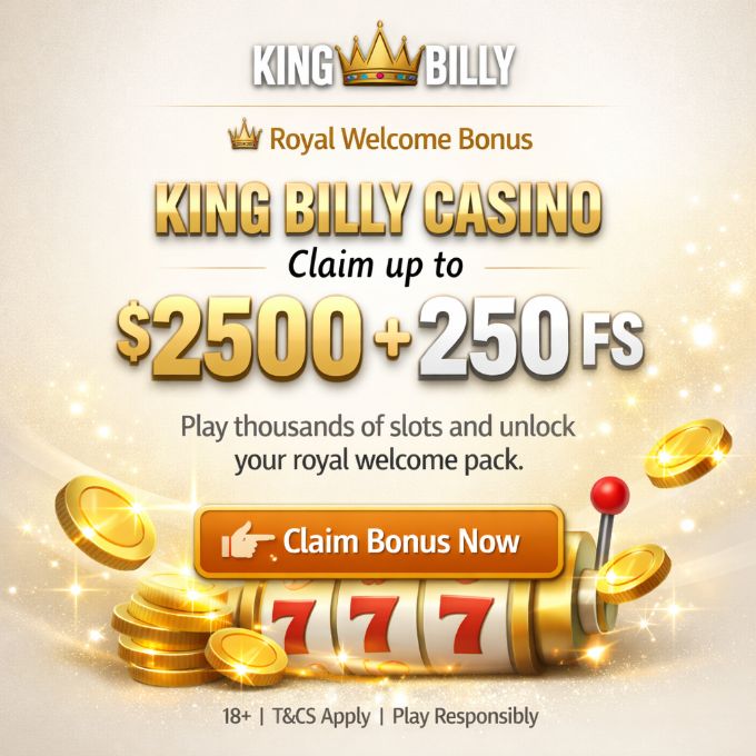 King Billy Casino welcome bonus banner featuring the King Billy crown logo, promoting “Claim up to $2500 + 250 free spins” with gold coins, slot machine graphics, and a call-to-action button to claim the bonus.