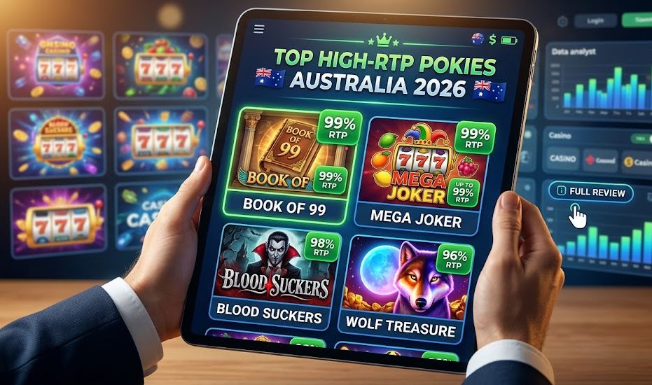 Tablet displaying a review comparing top high-RTP online pokies in Australia for 2026, featuring popular game titles and their return-to-player percentages like 'Book of 99' (99%) and 'Mega Joker' (99%), being viewed by a user.