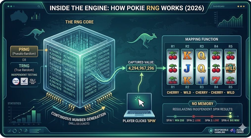 Diagram showing the digital process of an RNG algorithm selecting a winning symbol for an online pokie machine.
