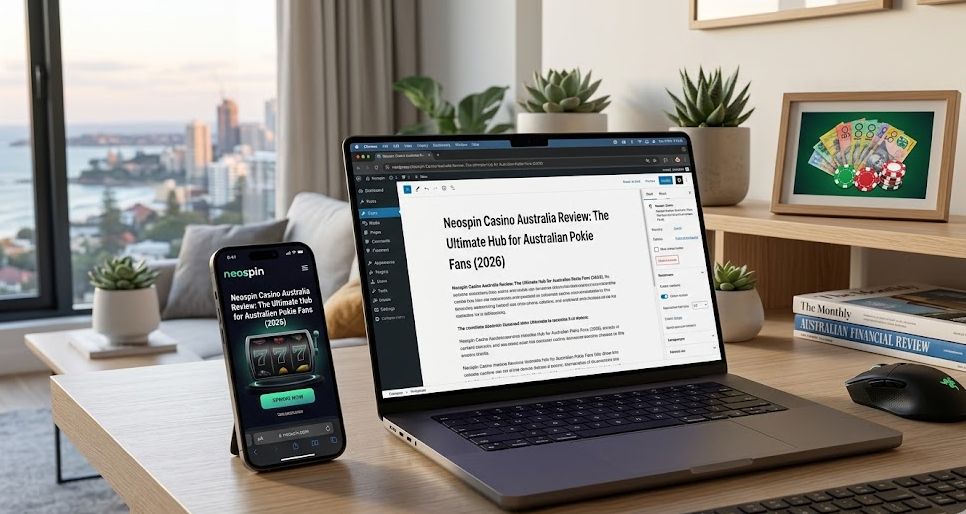 Neospin Casino Australia Review 2026: Working on the WordPress dashboard to review pokies with a view of a city skyline