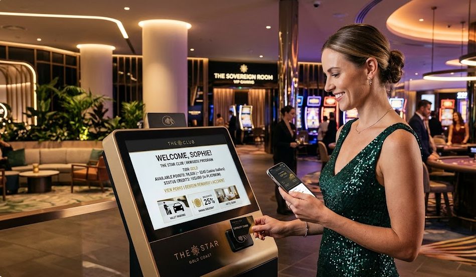 A woman uses a touch-screen kiosk to access The Star Club casino loyalty program, displaying her member rewards, available points, and status towards the next VIP tier, including benefits like valet parking and hotel booking.