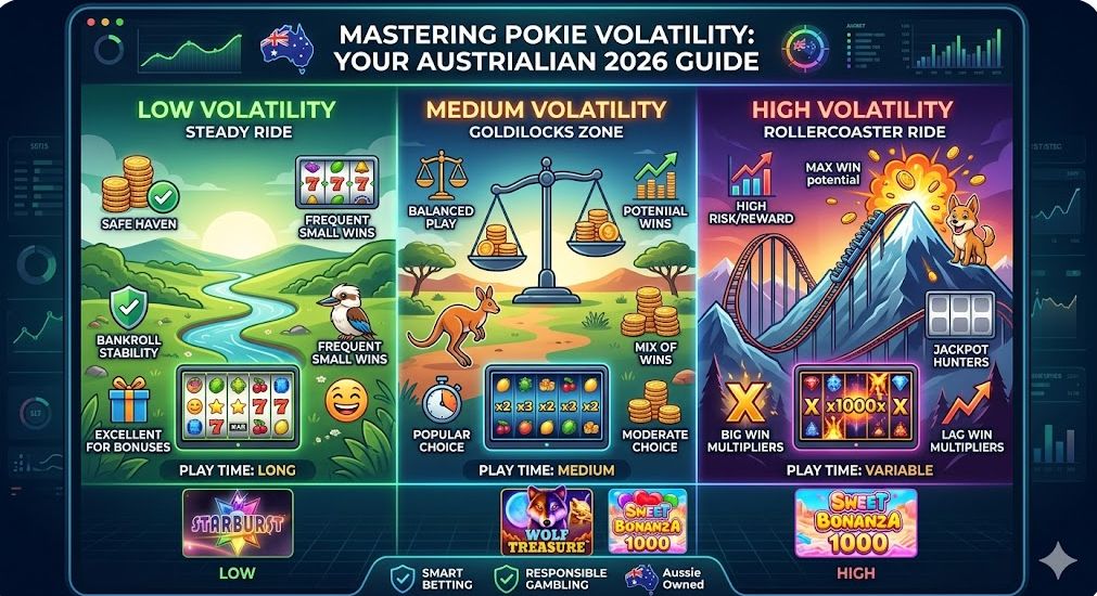 Infographic showing the difference between low, medium, and high volatility online pokies for Australian players.