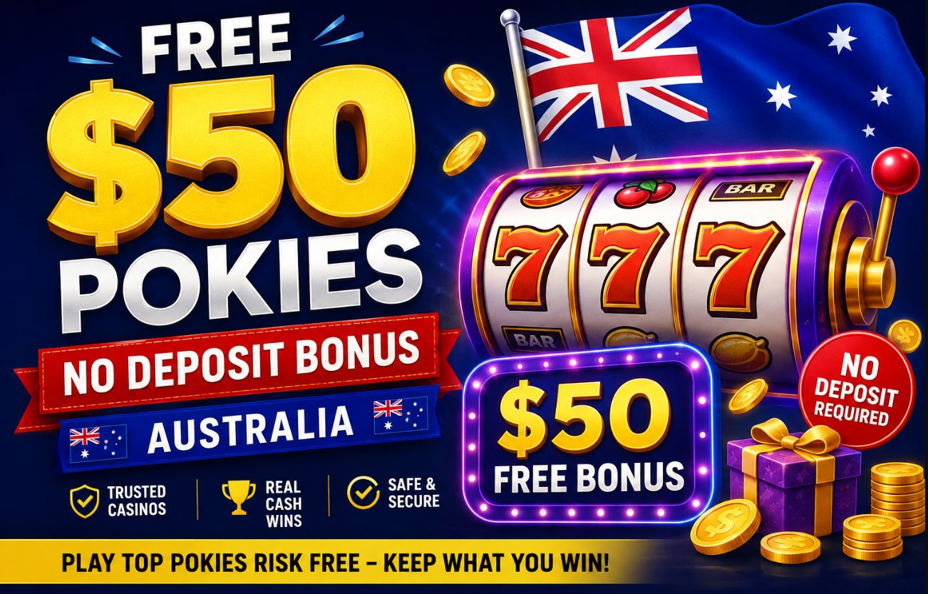 Illustration of a Free $50 Pokies No Deposit Bonus Australia promotion featuring an online slot machine, Australian flag, bonus cash, free spins and trusted online casino offers. Suitable as a featured image for an article comparing no deposit casino bonuses available to Australian players.